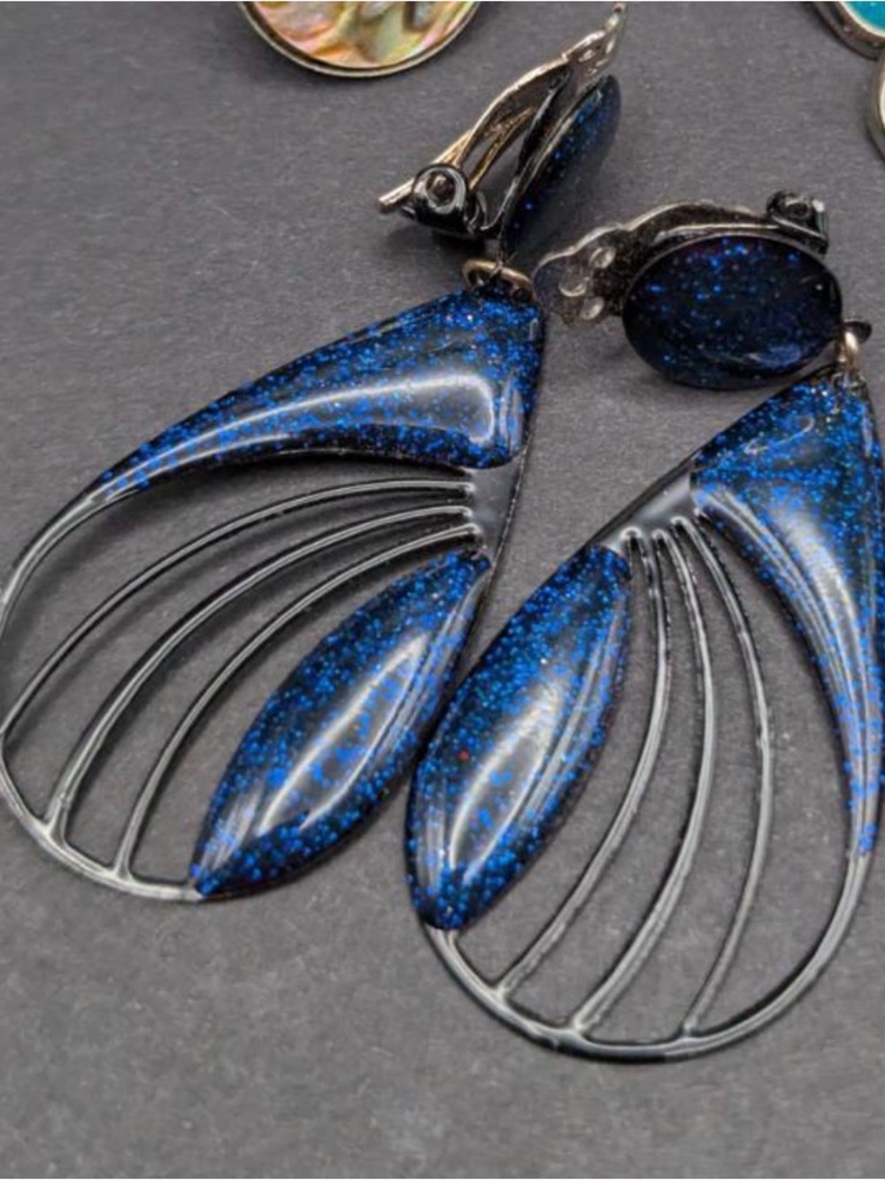 Vintage Blue Glitter Teardrop Clip-On Earrings|Estate Sale|